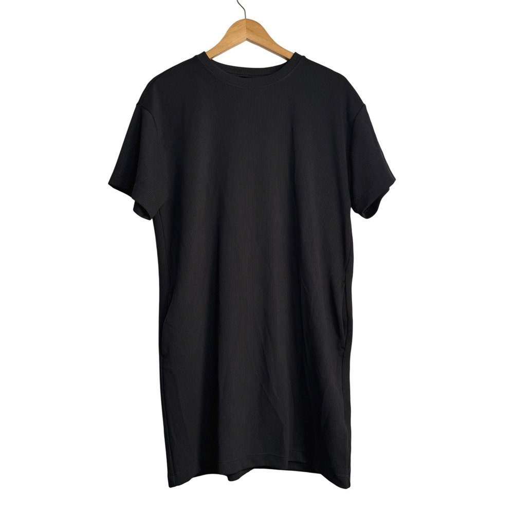Athleta Signature Rib Tee Dress Women Medium Black Ribbed Short Sleeve Pockets
